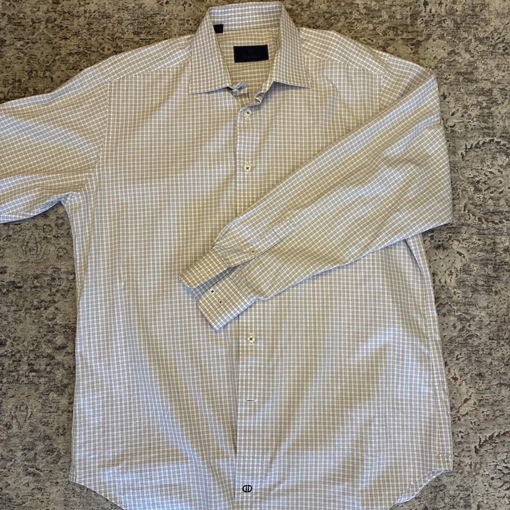 Used David Donahue Dress Shirt. 16.5 34/35. White Multicolor Check Blue & Brown